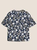 Kadın Lacivert Çiçek Desenli Keten T-Shirt
