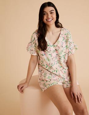 Kadın Turuncu Çiçek Desenli Pijama Takımı