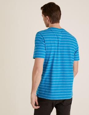 Erkek Mavi Saf Pamuklu Çizgili T-Shirt