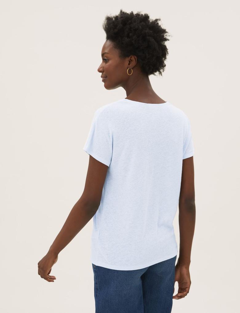 Kadın Mavi Dantel Detaylı Keten T-Shirt