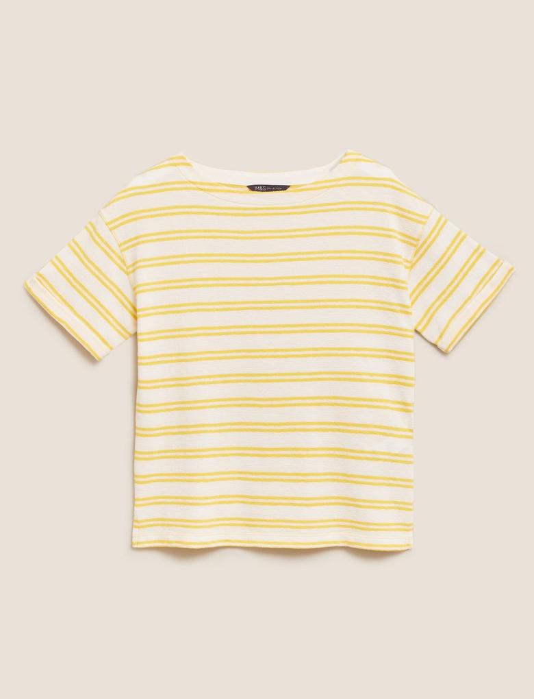 Kadın Sarı Çizgili Yuvarlak Yaka T-Shirt