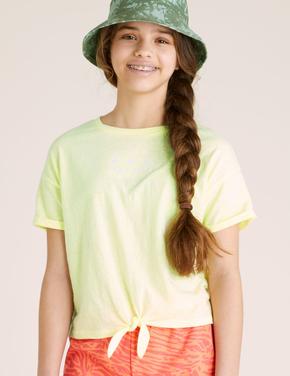 Kız Çocuk Sarı Büzgü Detaylı Kısa Kollu T-Shirt (6-16 Yaş)