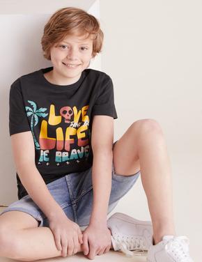 Erkek Çocuk Gri Saf Pamuklu Kısa Kollu T-Shirt (6-16 Yaş)