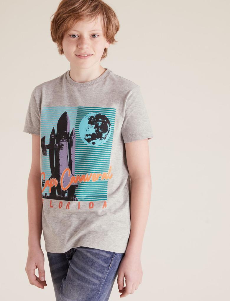 Erkek Çocuk Gri Pamuklu  Baskılı T-Shirt