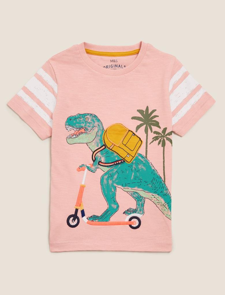 Erkek Çocuk Pembe Saf Pamuklu Dinozor Desenli T-Shirt (2-7 Yaş)
