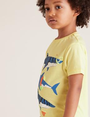 Erkek Çocuk Sarı Saf Pamuklu Köpekbalığı Desenli T-Shirt (2-7 Yaş)