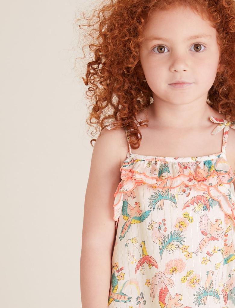 Kız Çocuk Multi Renk Kuş Desenli Askılı Elbise (2-7 Yaş)
