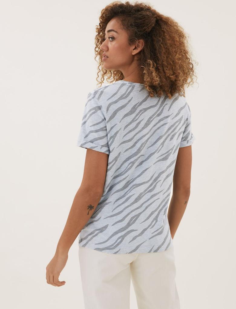 Kadın Mavi Saf Pamuklu Grafik Desenli T-Shirt