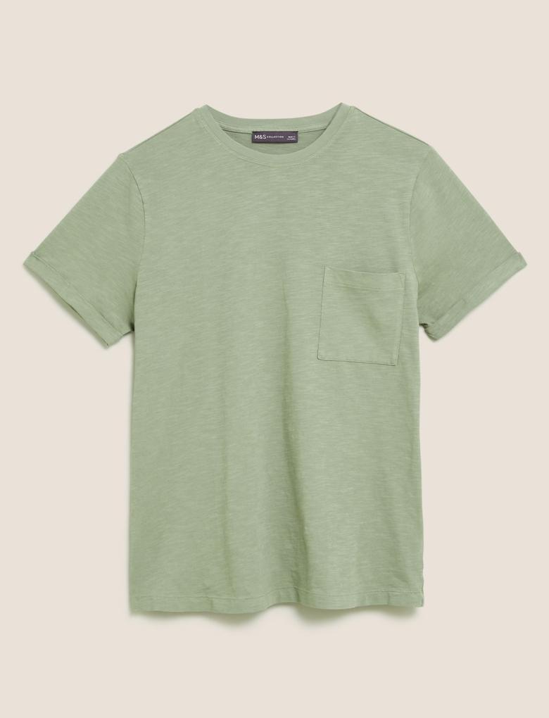 Kadın Yeşil Saf Pamuklu Yuvarlak Yaka T-Shirt