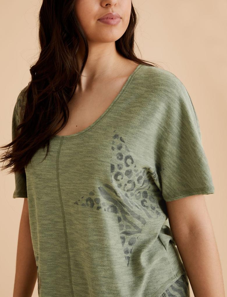 Kadın Yeşil Flexifit™ Yıldız Desenli T-Shirt