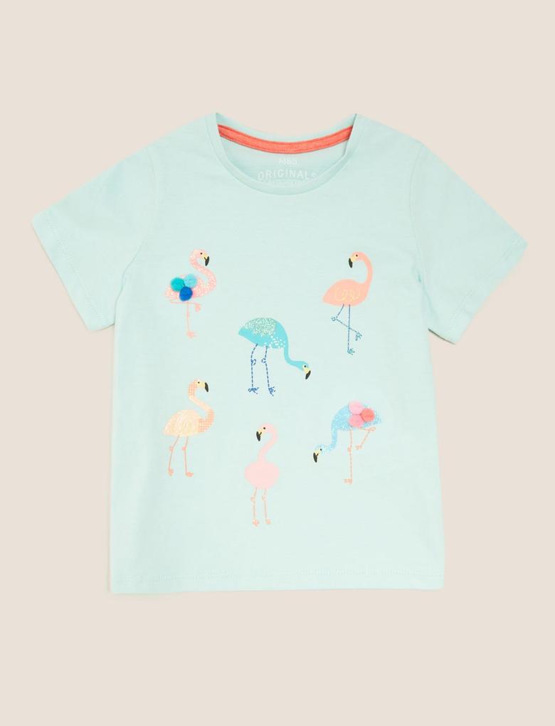 Kız Çocuk Mavi Saf Pamuklu Flamingo Desenli T-Shirt (2-7 Yaş)