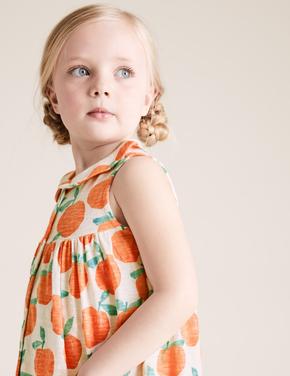 Kız Çocuk Turuncu Saf Pamuklu Grafik Desenli Elbise (2-7 Yaş)