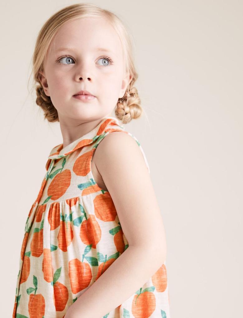 Kız Çocuk Turuncu Saf Pamuklu Grafik Desenli Elbise (2-7 Yaş)