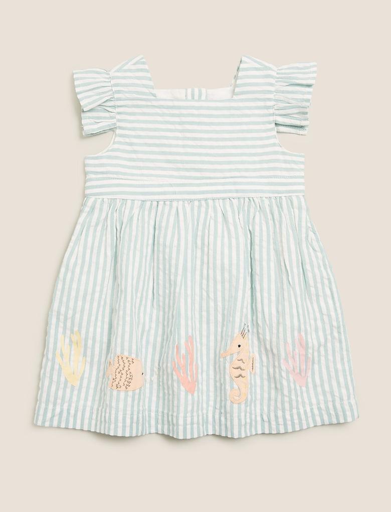 Bebek Mavi Saf Pamuklu Çizgili Elbise (0-3 Yaş)