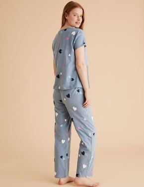 Kadın Mavi Kalp Desenli Pijama Takımı