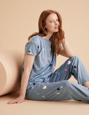Kadın Mavi Kalp Desenli Pijama Takımı