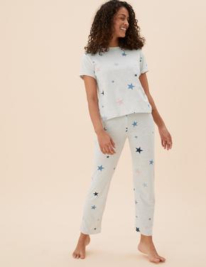Kadın Bej Yıldız Desenli Pijama Takımı