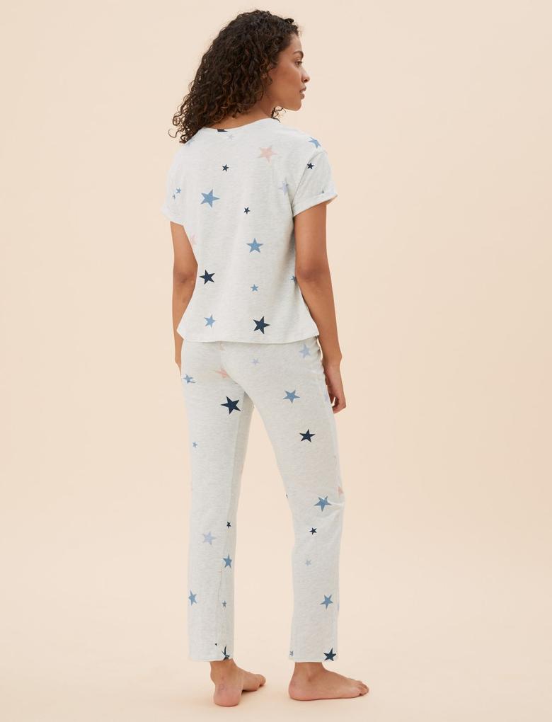 Kadın Bej Yıldız Desenli Pijama Takımı