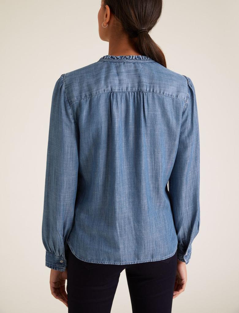 Kadın Mavi Saf Tencel™ Fırfır Detaylı Bluz