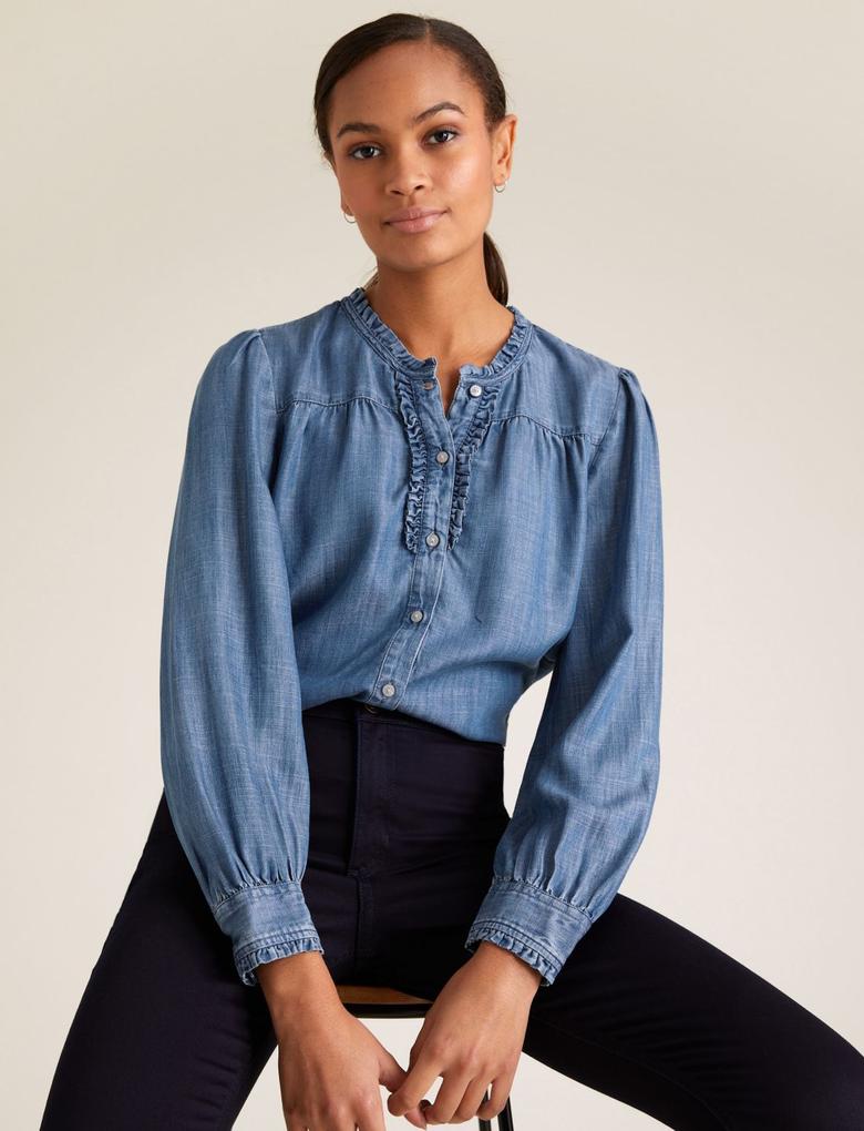 Kadın Mavi Saf Tencel™ Fırfır Detaylı Bluz