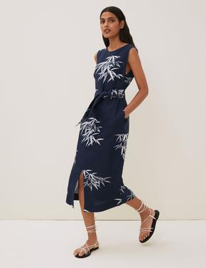 Kadın Lacivert Keten Desenli Midi Elbise