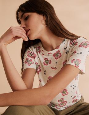 Kadın Krem Keten Çiçek Desenli T-Shirt