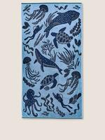 Ev Mavi Saf Pamuk Denizaltı Desenli Havlu