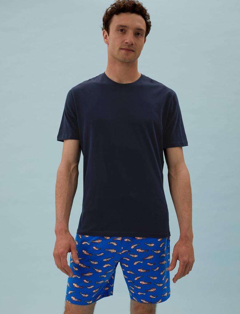 Erkek Mavi Saf Pamuk Japon Balığı Desenli Pijama Takımı