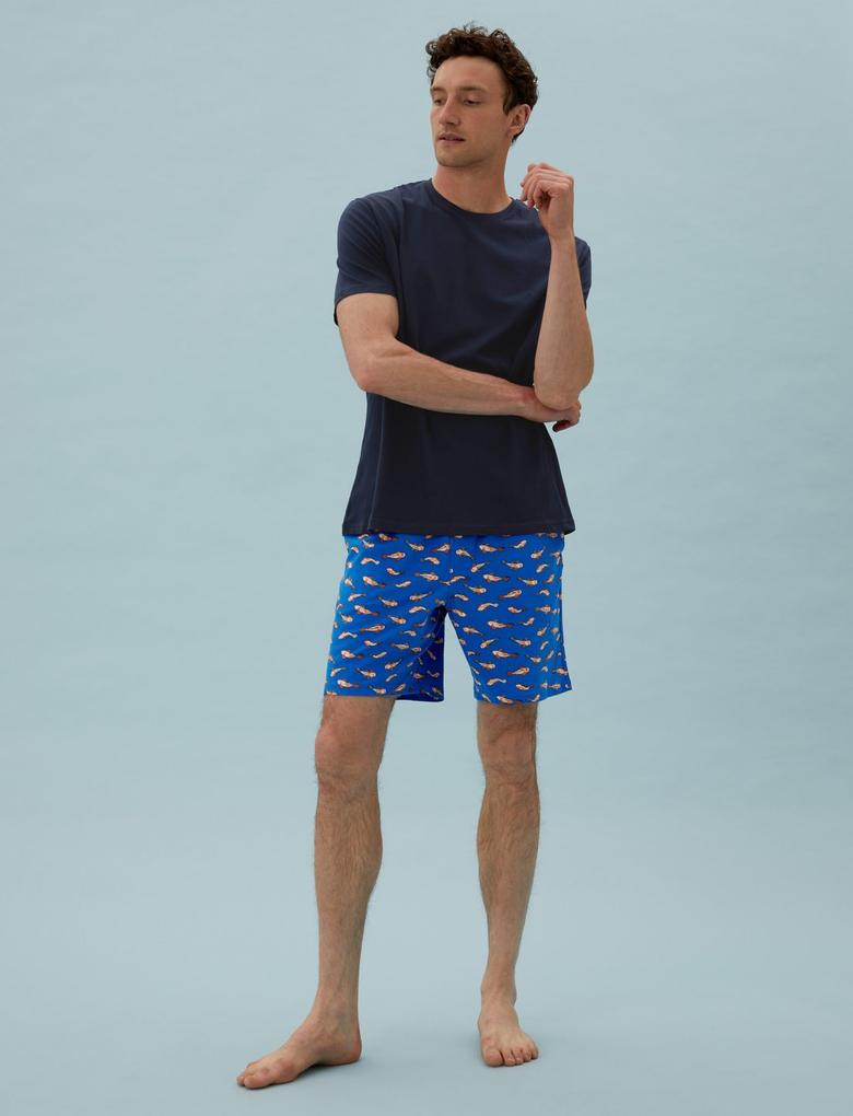 Erkek Mavi Saf Pamuk Japon Balığı Desenli Pijama Takımı
