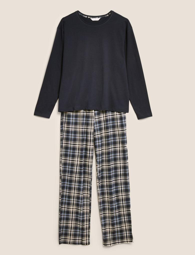 Kadın Lacivert Saf Pamuk Ekose Desenli Pijama Takımı