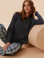 Kadın Lacivert Saf Pamuk Ekose Desenli Pijama Takımı