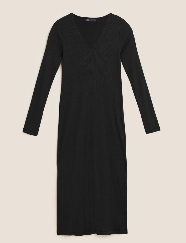 Kadın Siyah V Yaka Yırtmaç Detaylı Midi Elbise
