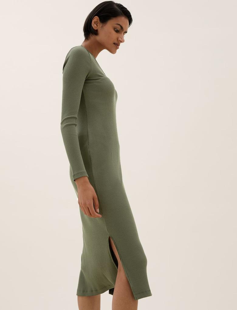 Kadın Yeşil V Yaka Yırtmaç Detaylı Midi Elbise