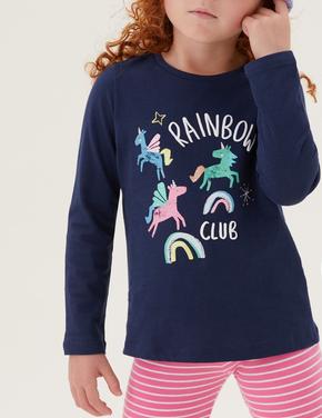 Kız Çocuk Lacivert Saf Pamuk Unicorn Desenli T-Shirt (2-7 Yaş)