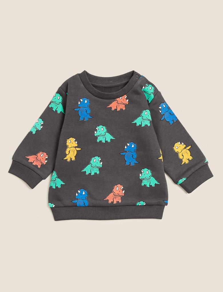 Bebek Gri Dinozor Desenli Sweatshirt (0-3 Yaş)