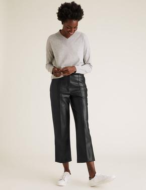 Kadın Siyah Suni Deri 7/8 Straight Leg Pantolon