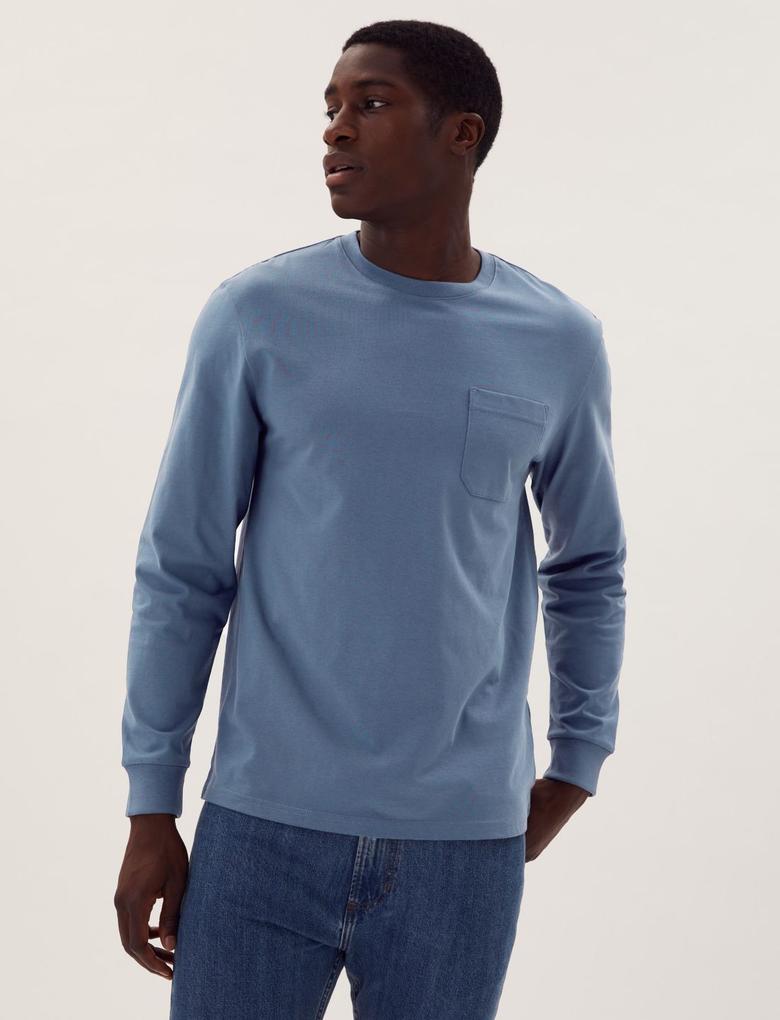 Erkek Mavi Saf Pamuklu Uzun Kollu T-Shirt