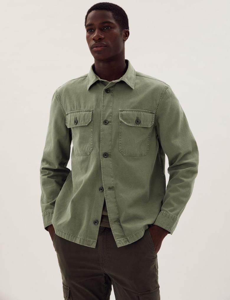 Erkek Yeşil Saf Pamuklu Yıkamalı Gömlek Ceket