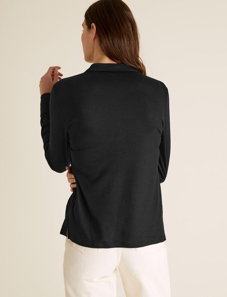Kadın Siyah Jersey Uzun Kollu Gömlek