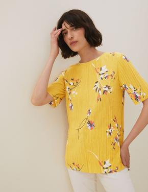 Kadın Sarı Jersey Çiçek Desenli Bluz