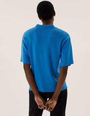 Kadın Mavi Yarım Fermuarlı Triko T-Shirt