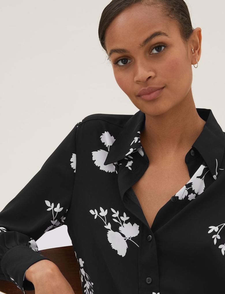 Kadın Siyah Çiçek Desenli Gömlek