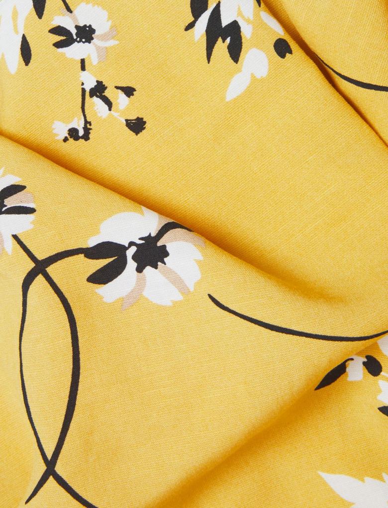 Kadın Sarı Çiçek Desenli Keten Gömlek Elbise