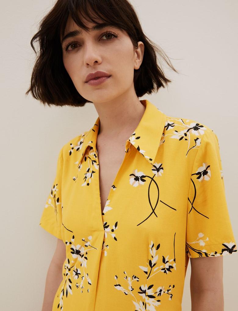 Kadın Sarı Çiçek Desenli Keten Gömlek Elbise