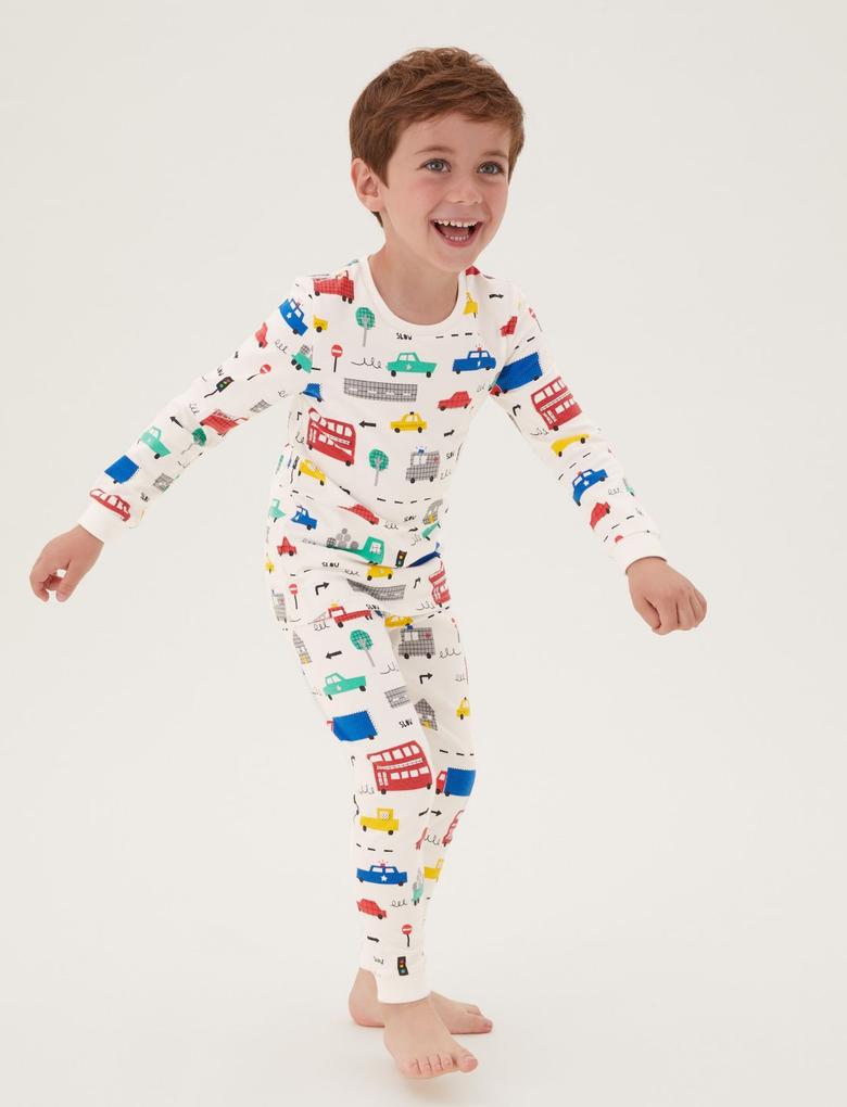 Çocuk Beyaz Araba Desenli Pijama Takımı (1-7 Yaş)