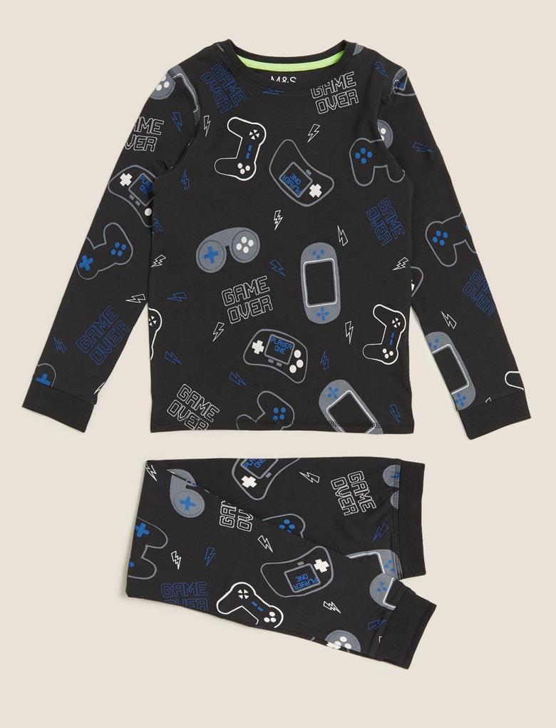 Çocuk Mavi Oyun Desenli Pijama Takımı (7-16 Yaş)