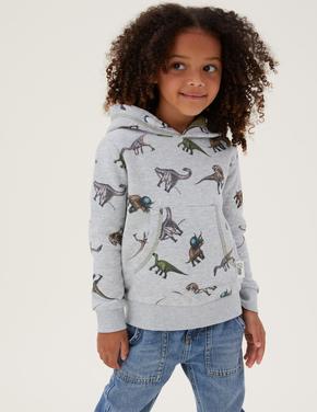 Erkek Çocuk Gri NHM™ Dinozor Desenli Kapüşonlu Sweatshirt