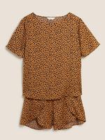 Kadın Kahverengi Desenli Saten Şort Pijama Takımı