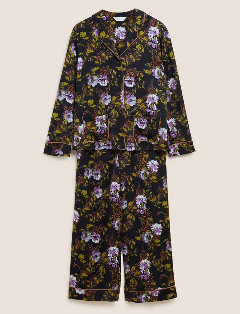 Kadın Siyah Çiçek Desenli Saten Pijama Takımı