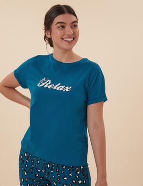 Kadın Mavi Saf Pamuklu Grafik Desenli Pijama Takımı